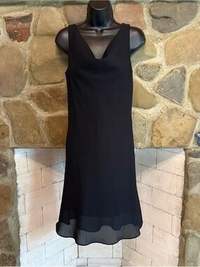 VTG 90s Jump Black Sleeveless Midi Dress with Sheer Scalloped Hem Cowl Neck